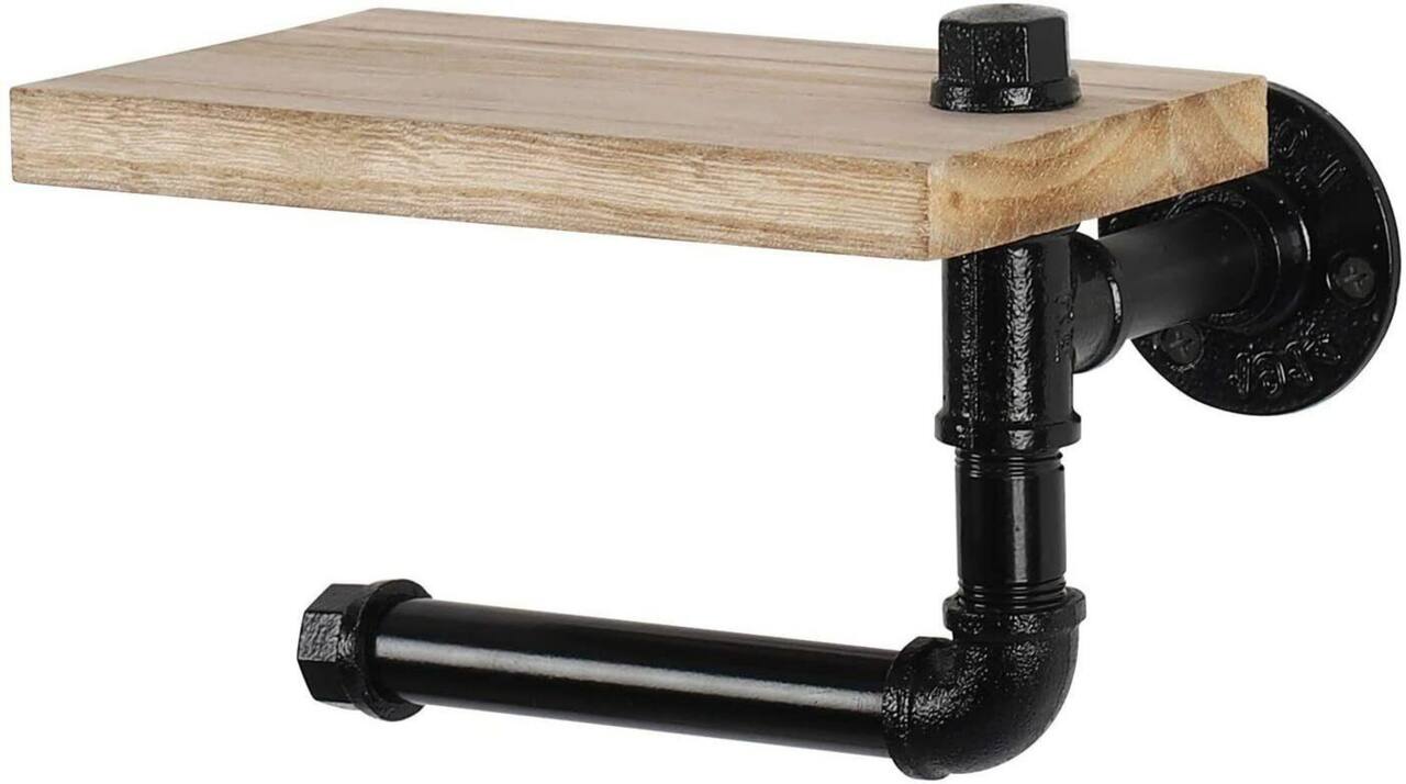 Natural Brown Industrial Wall-Mounted Rustic Toilet Paper Holder with Wood Shelf